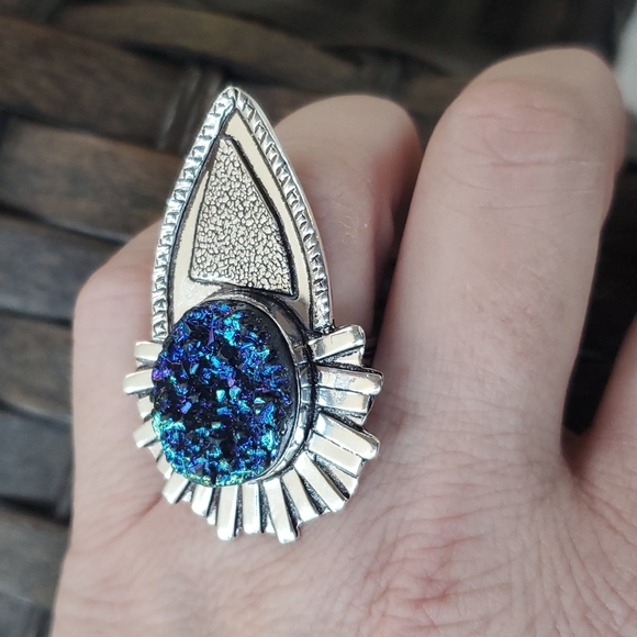 New Unique Oversized Blue Titanium Druzy 925 Silver Statement Ring. - Picture 2 of 16